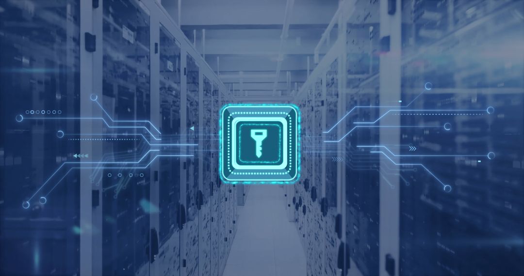 Cybersecurity Key Icon Over Data Center Servers