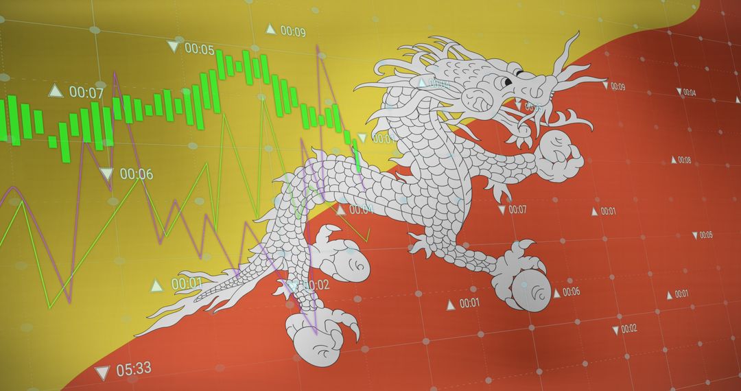 Digitally Generated Flag of Bhutan with Financial Data Overlay