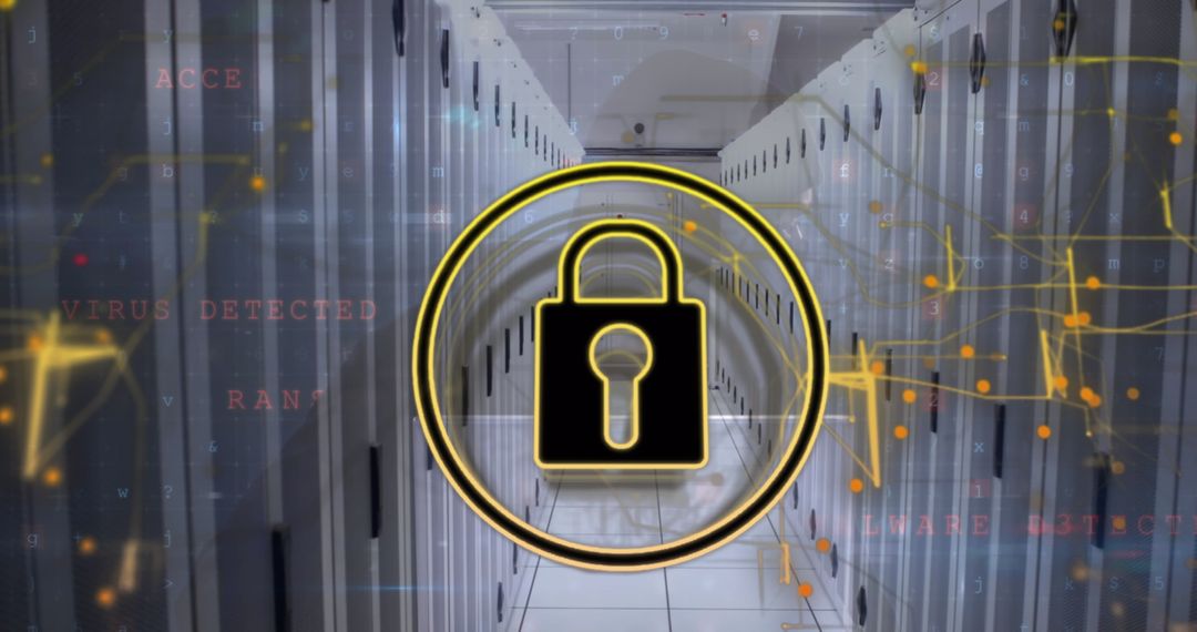 Cyber Security Concept with Padlock Icon in Server Room