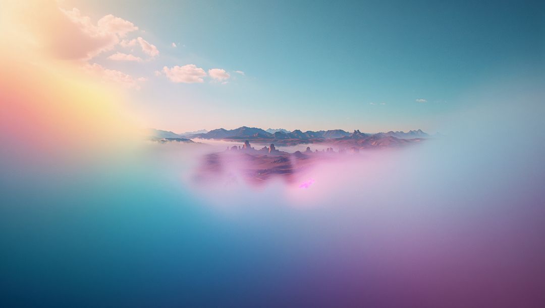 Colorful Misty Landscape with Rocky Peaks and Ethereal Glow