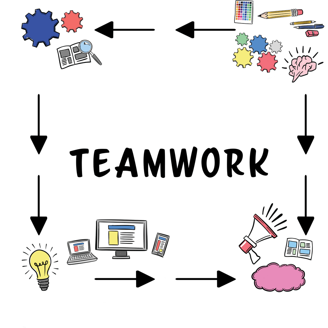 Colorful Teamwork Icons on Transparent Background with Office and Creativity Theme