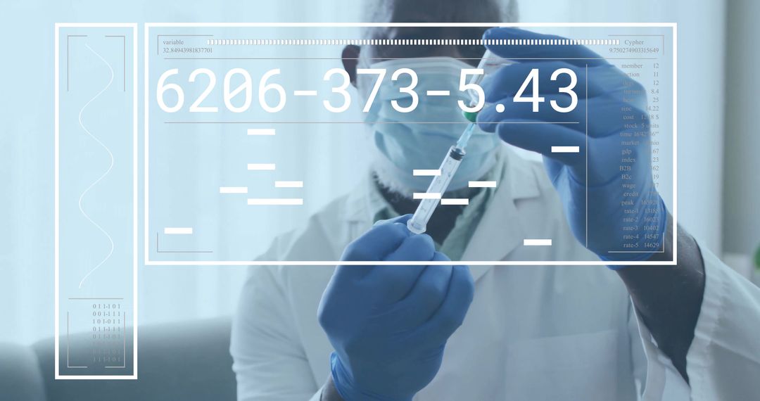 Clinician Drawing Liquid from Vial in Lab with Digital Data Overlay
