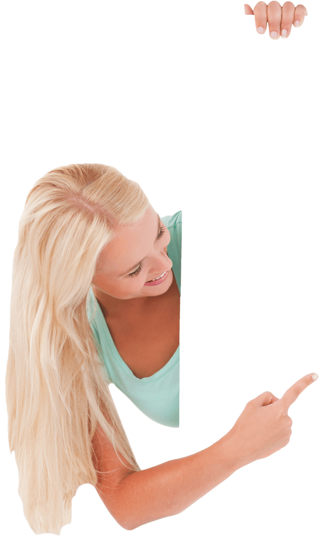 Smiling Blonde Woman Pointing at Transparent Space for Copy