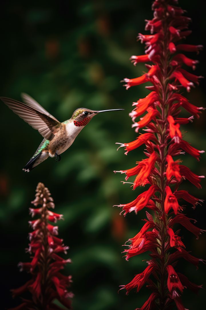 Hummingbird hovering by red flower, copy space, created using generative ai technology - Free Images, Stock Photos and Pictures on Pikwizard.com