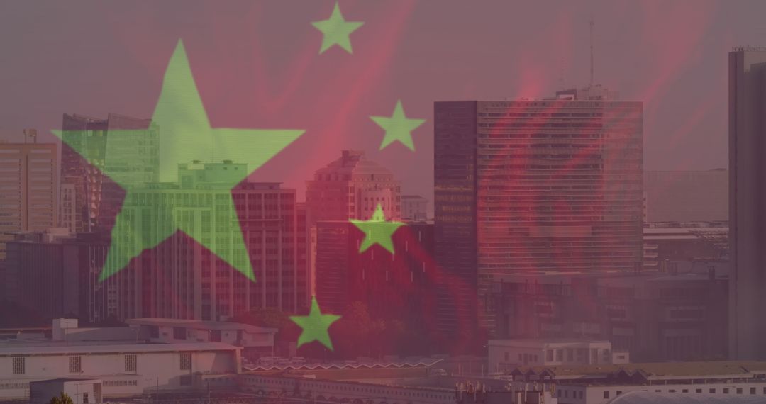 Chinese Flag Overlay on Modern Cityscape Symbolizing Global Business