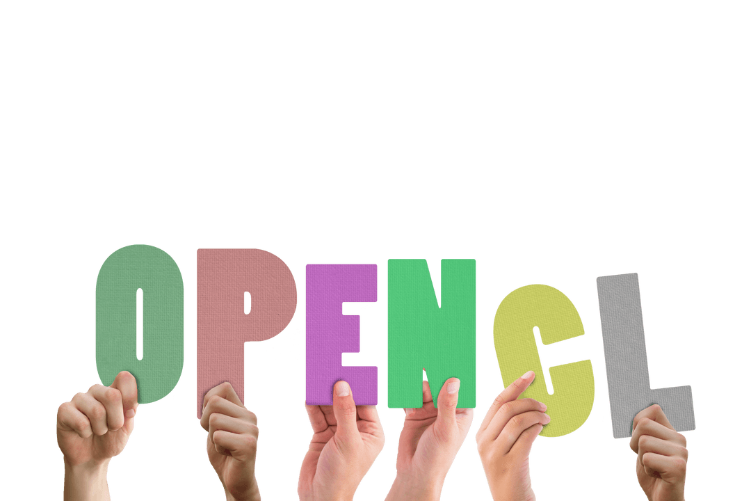 Hands holding colorful transparent OpenCL letters