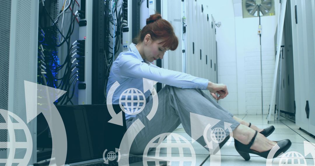 Thoughtful IT Professional in Data Center Floor with Laptop