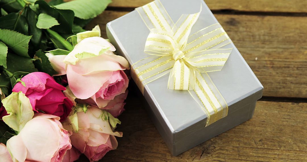 Elegant Gift Box with Colorful Roses on Rustic Wood