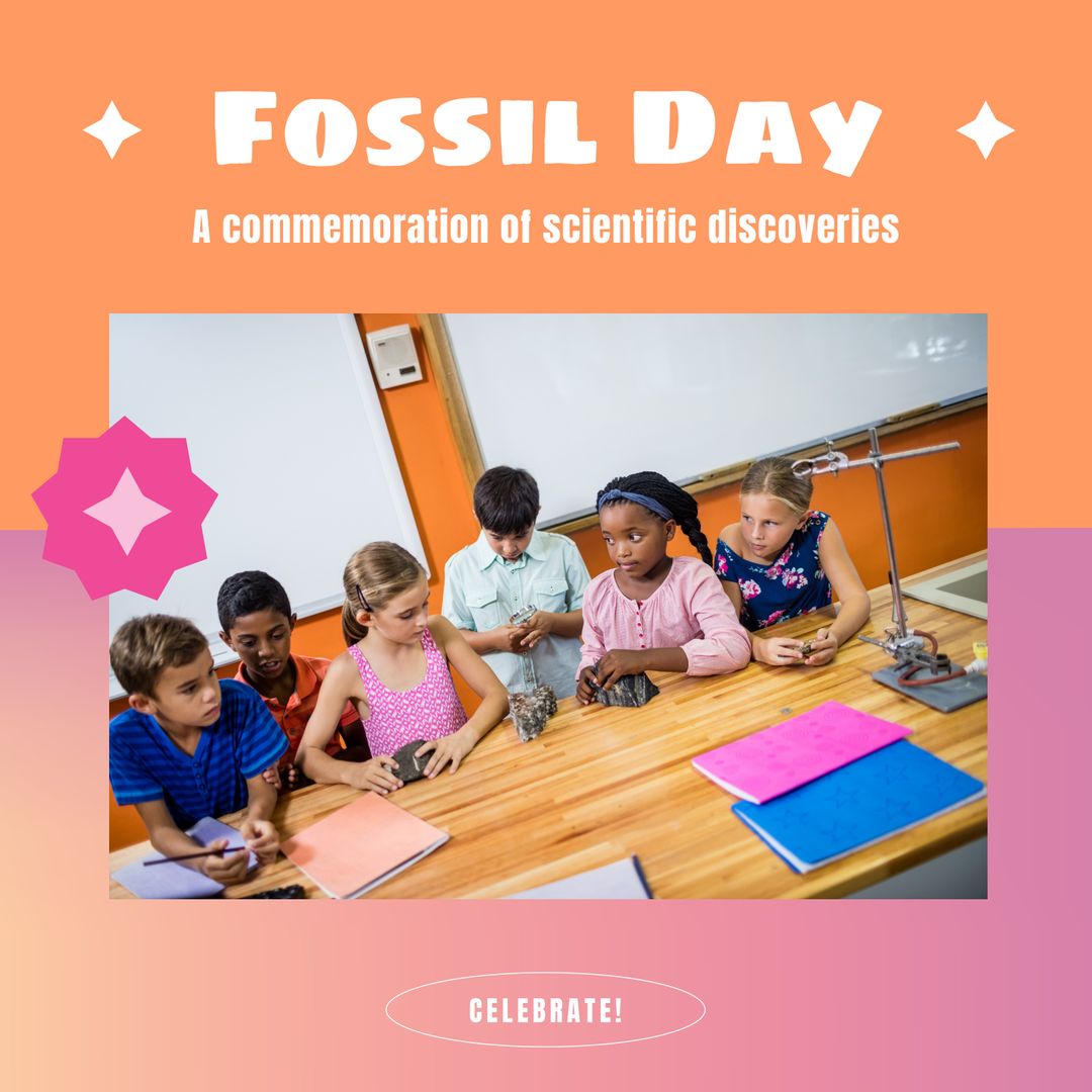 Diverse Schoolchildren Exploring Fossils in Classroom on Fossil Day
