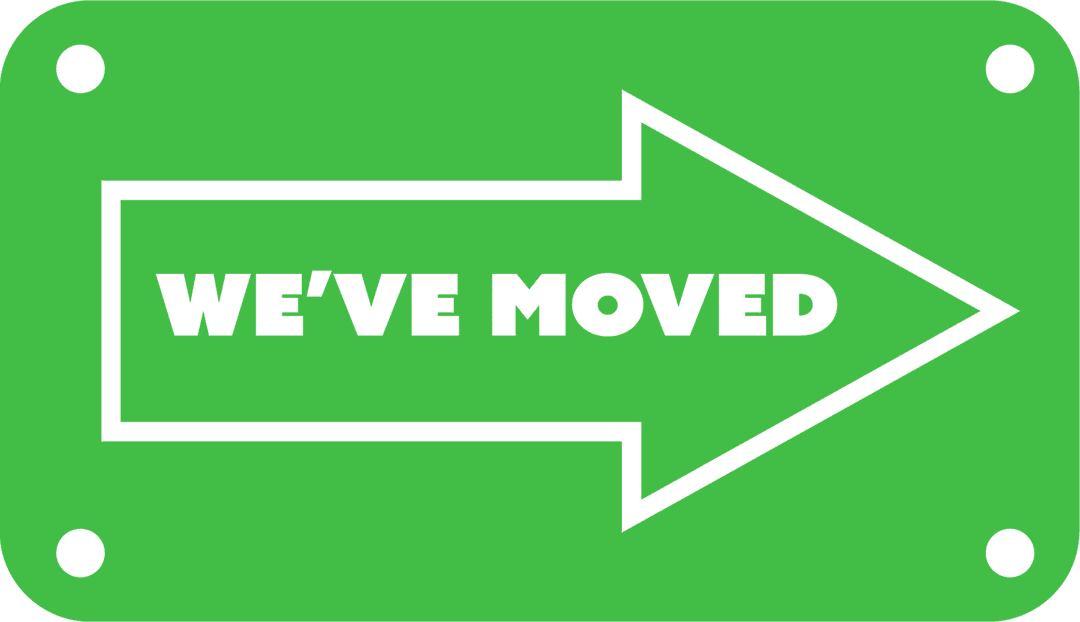 Green Arrow Sign Showing We've Moved on Transparent Background
