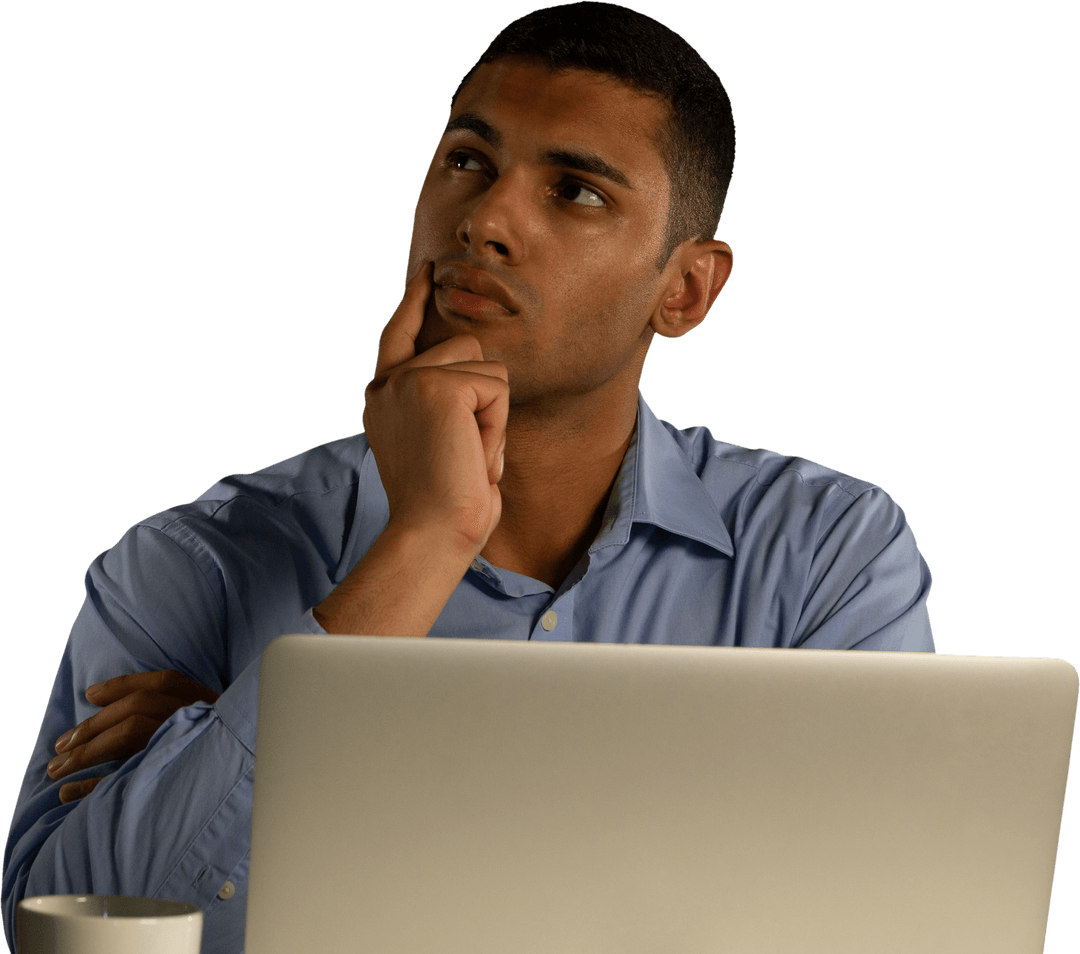 Thoughtful Young Man with Laptop on Transparent Background
