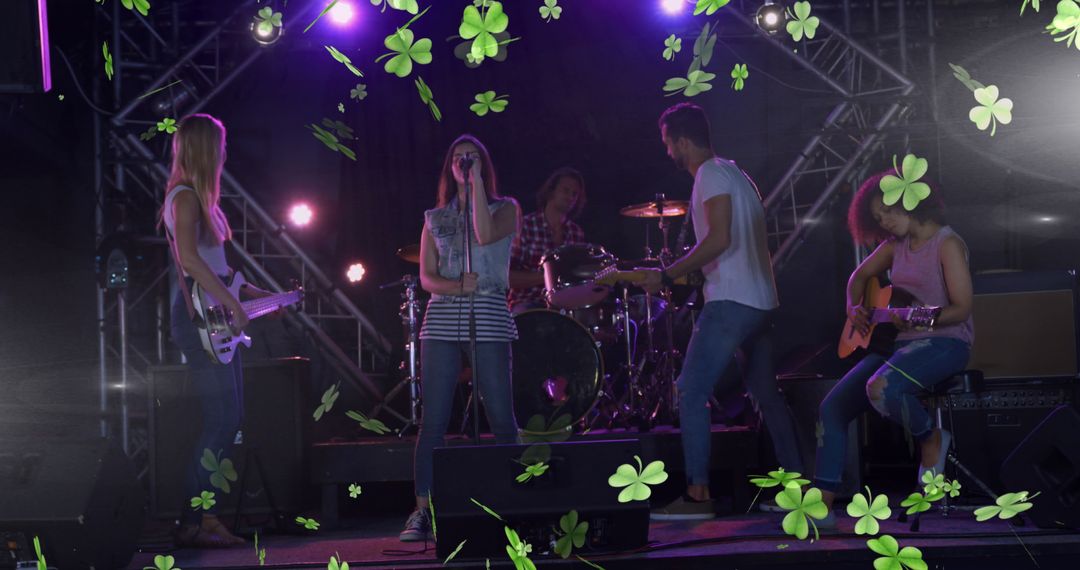 Band Performing on Stage with Falling Shamrocks for St. Patrick's Day