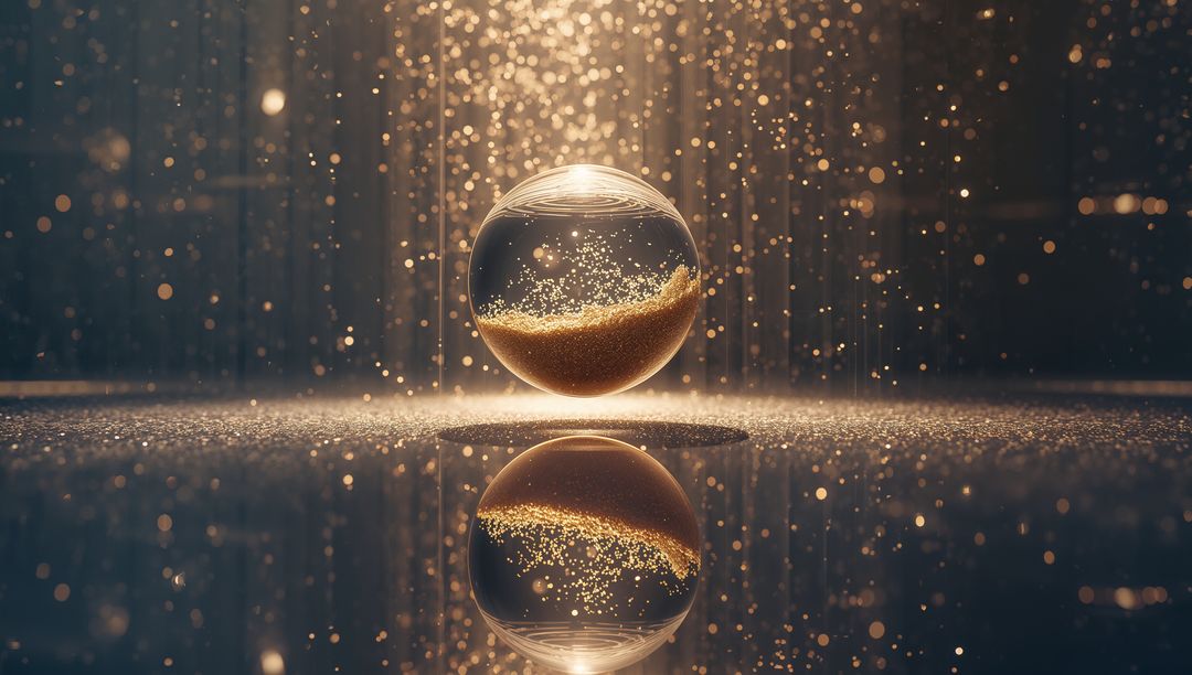 Floating glass sphere with golden glitter reflecting on glossy mirror, backlit bokeh glow