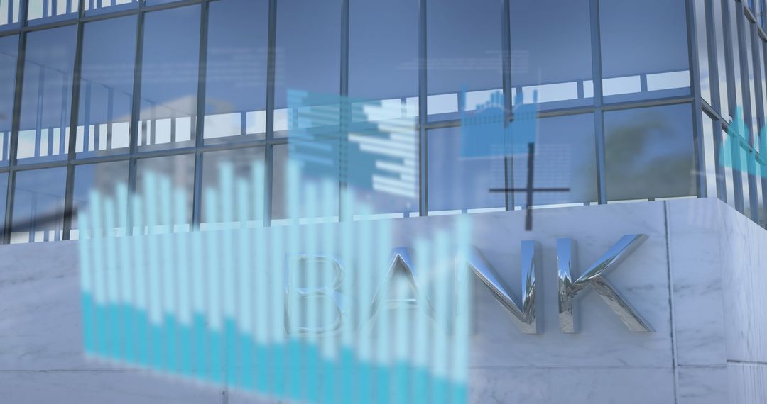 Financial Graphs Overlaying Modern Bank Building Exterior