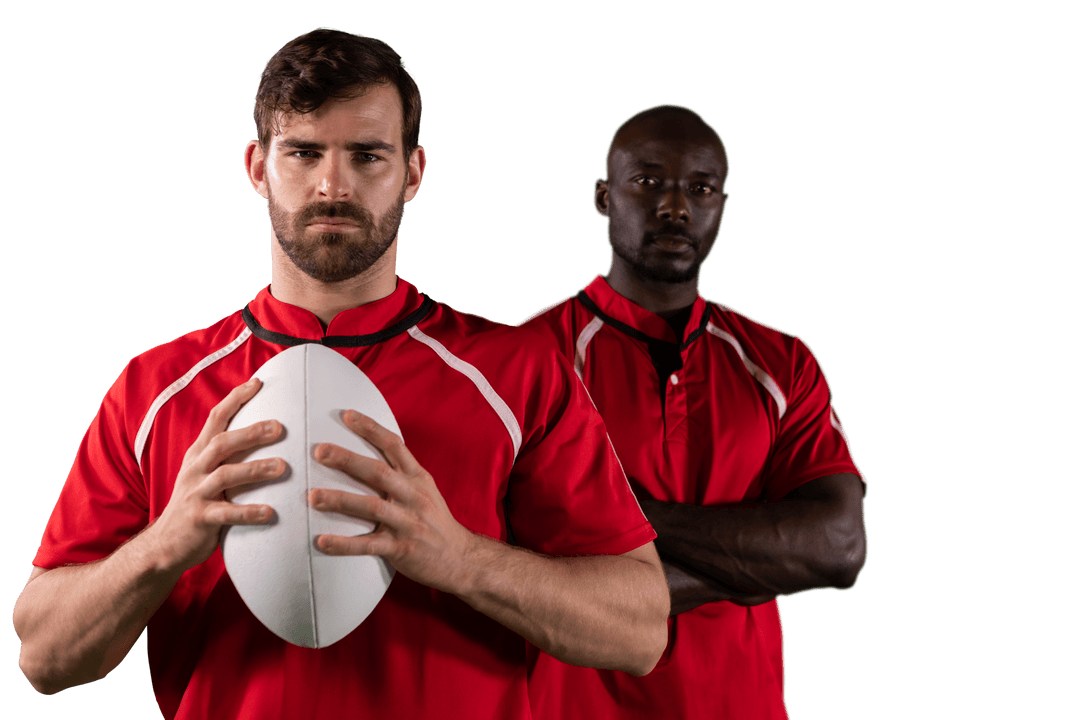 Diverse Rugby Players Holding Ball on Transparent Background