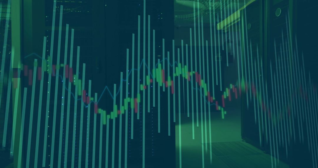 Financial Data Charts Overlaid on Modern Server Room