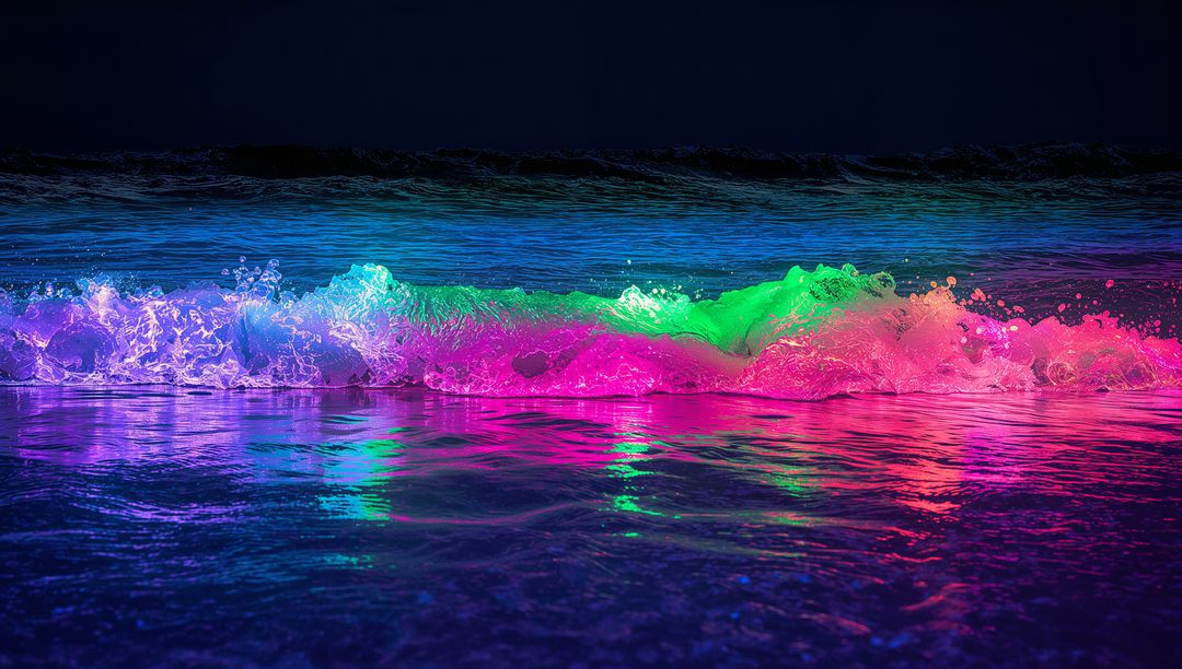 Breaking neon wave crest glowing on dark shore with vibrant multicolor reflections