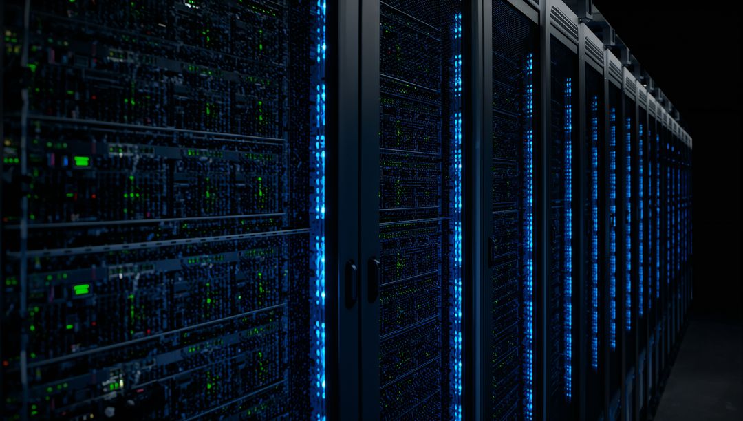 Glowing server racks creating neon corridor of blue LEDs in high-density data center