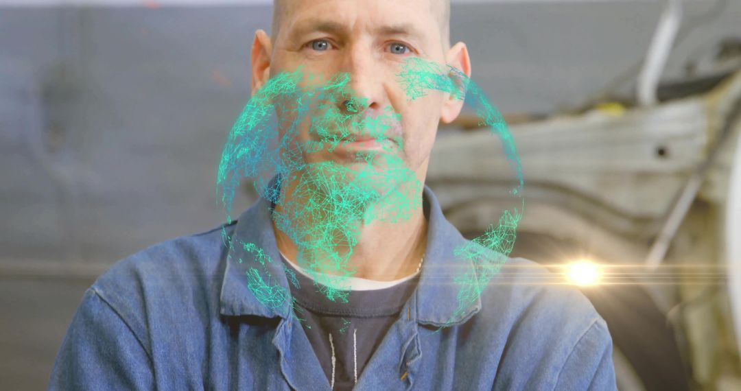 Mechanic Standing in Garage Showing Holographic Globe Projection Over Open Car Hood