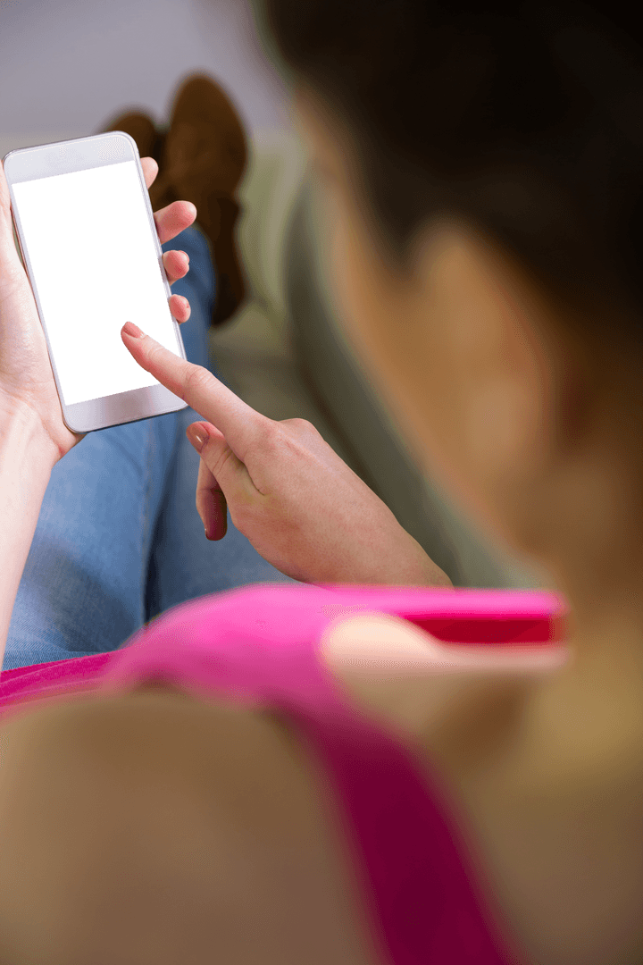 Caucasian Woman Using Smartphone in Transparent PNG Format