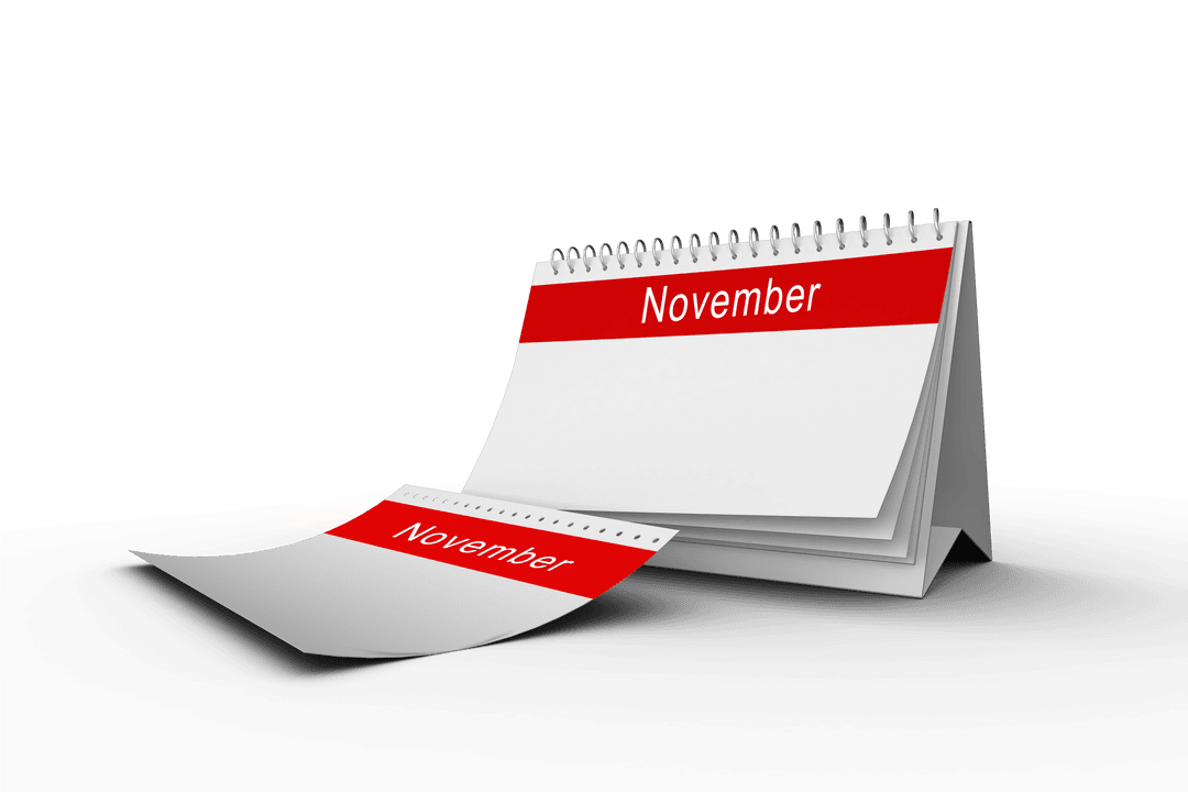 November Desk Calendar Page on Transparent Background