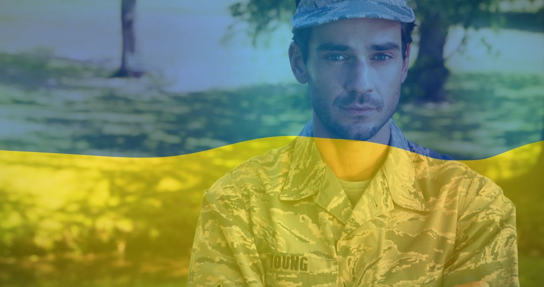 Patriotic Biracial Soldier with Ukrainian Flag Overlay, Reflecting Resilience - Free Images, Stock Photos and Pictures on Pikwizard.com