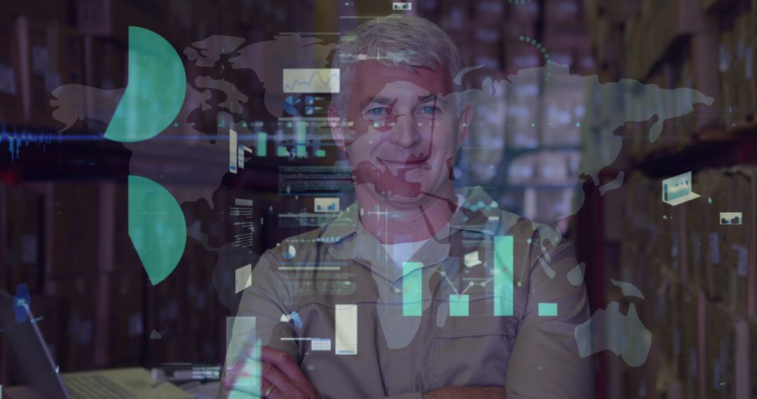 Warehouse Worker Analyzing Logistics Data in Technological Environment