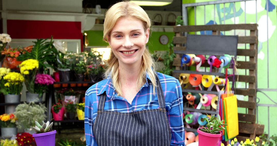 Smiling Female Florist in Apron Holding Potted Plants in Warmly Lit Flower Shop - Free Images, Stock Photos and Pictures on Pikwizard.com