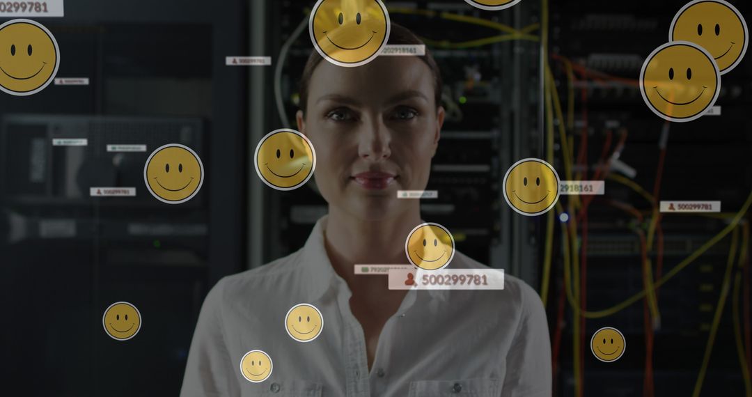 Female IT Specialist in Server Room with Digital Cloud Interface