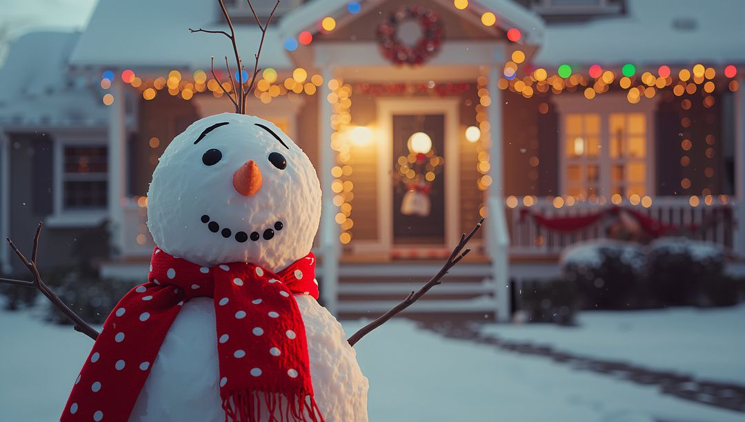 Snowman with Red Polka-Dot Scarf in Festive Winter Wonderland