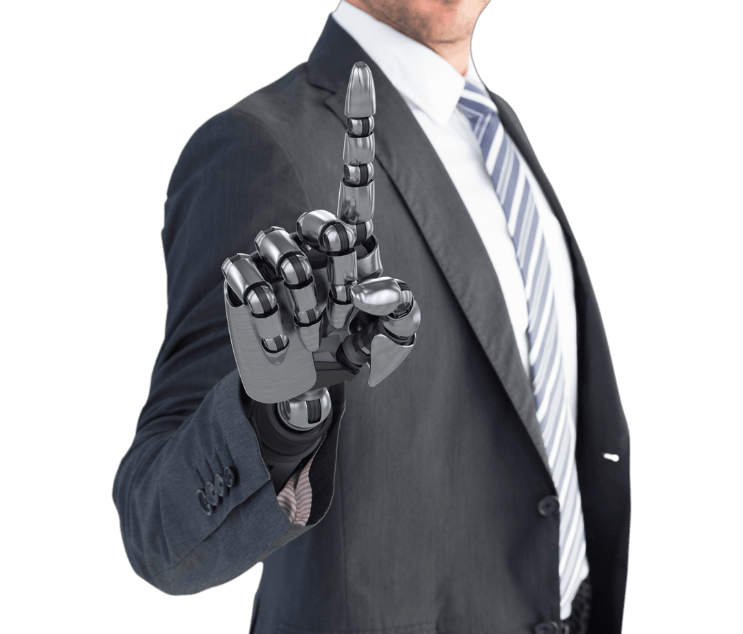 Businessman with Robotic Hand on Transparent Background Achieving Future Innovation