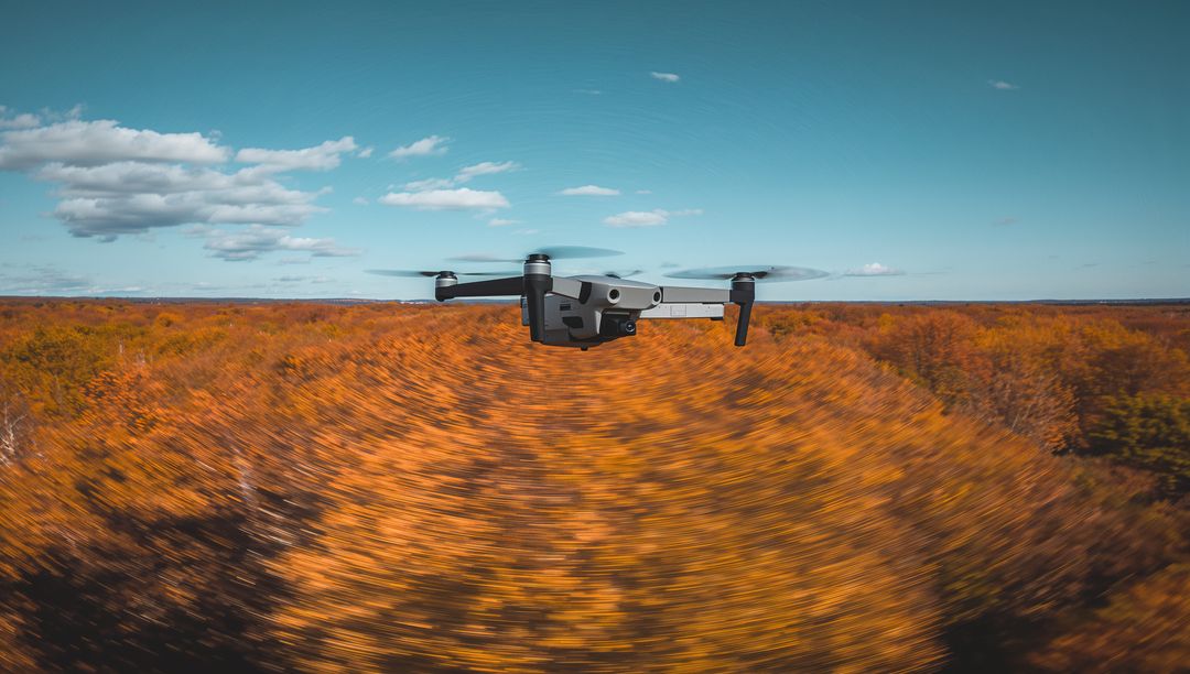 Drone hovering over autumn forest with cinematic motion blur and gimbal camera