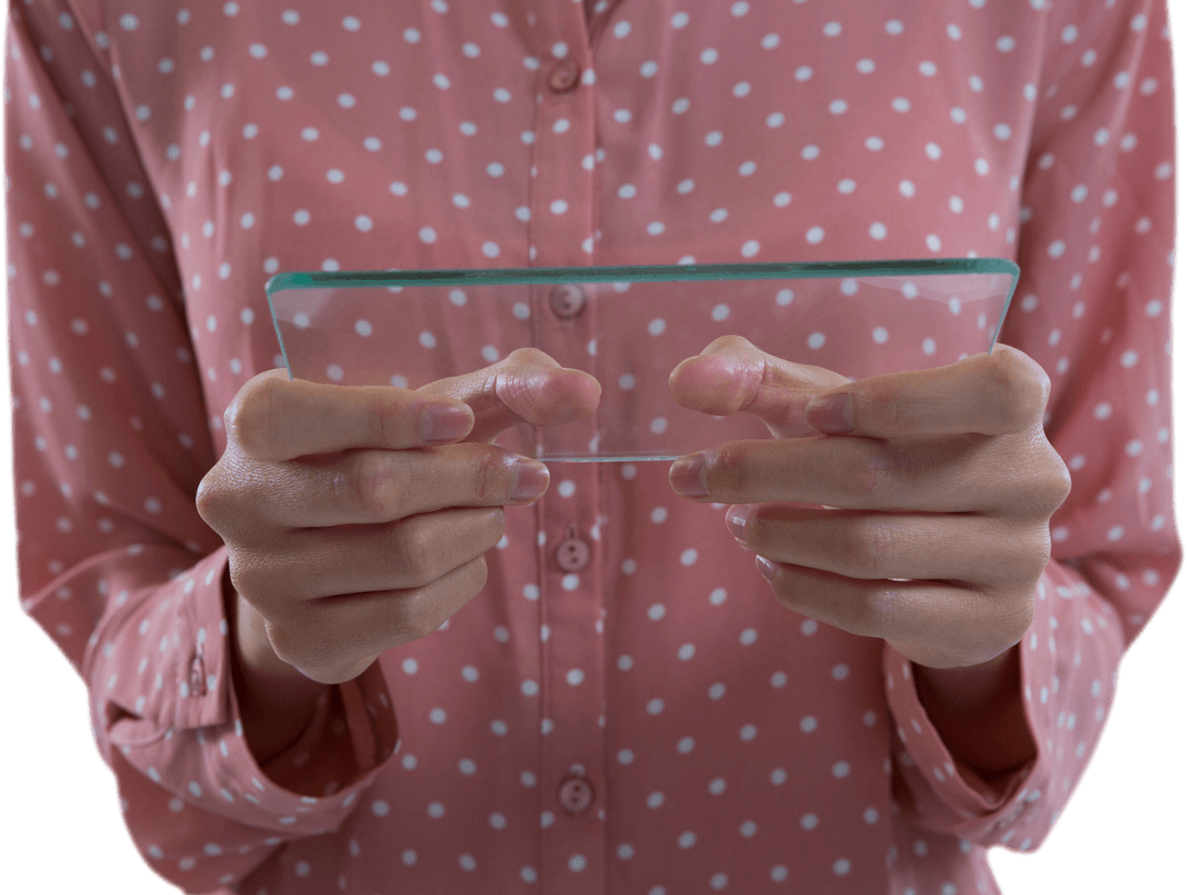 Woman Using Transparent Glass Tablet in Hands