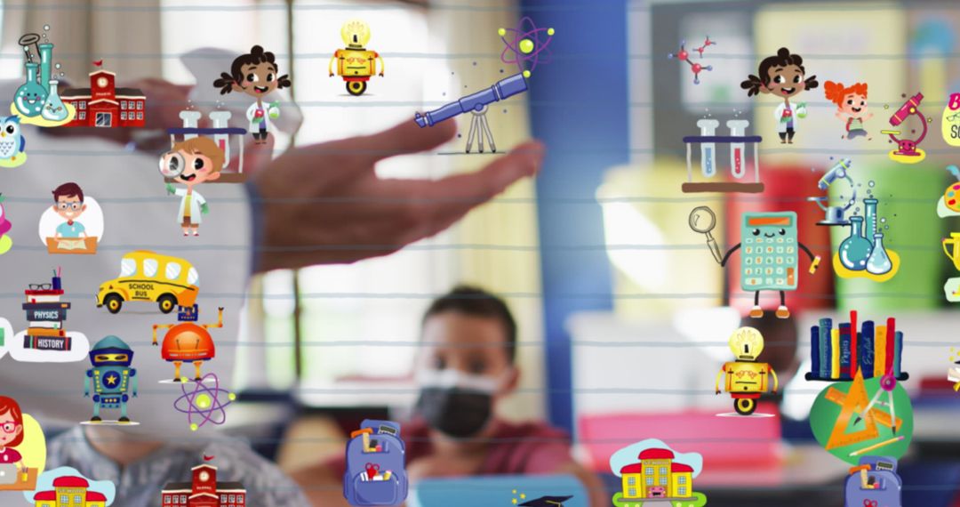 Educational Icons Overlay on Classroom with Teacher and Masked Students