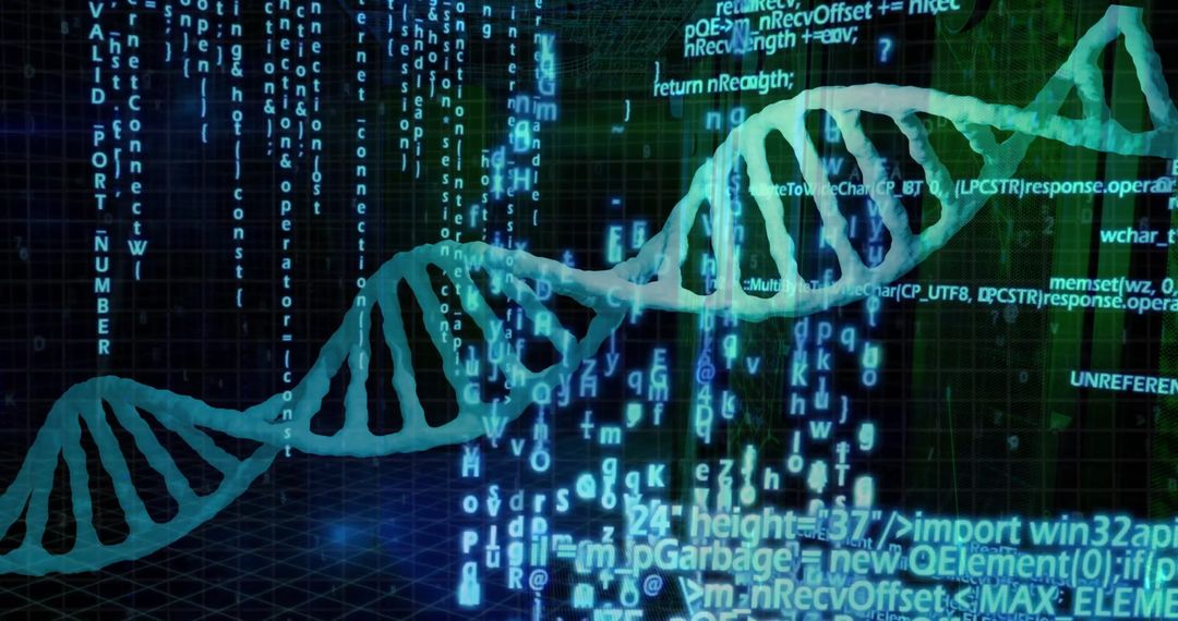 Futuristic Digital DNA Helix and Programming Code Matrix