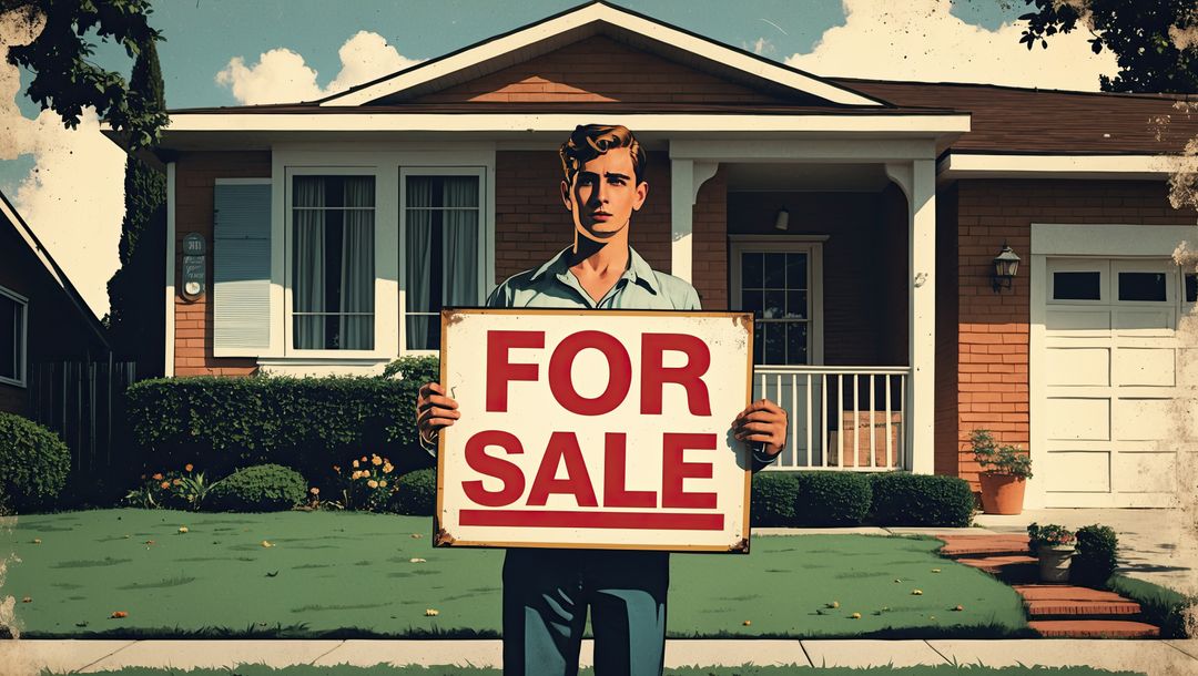 Man holding for sale sign in front of empty suburban home amid financial struggles