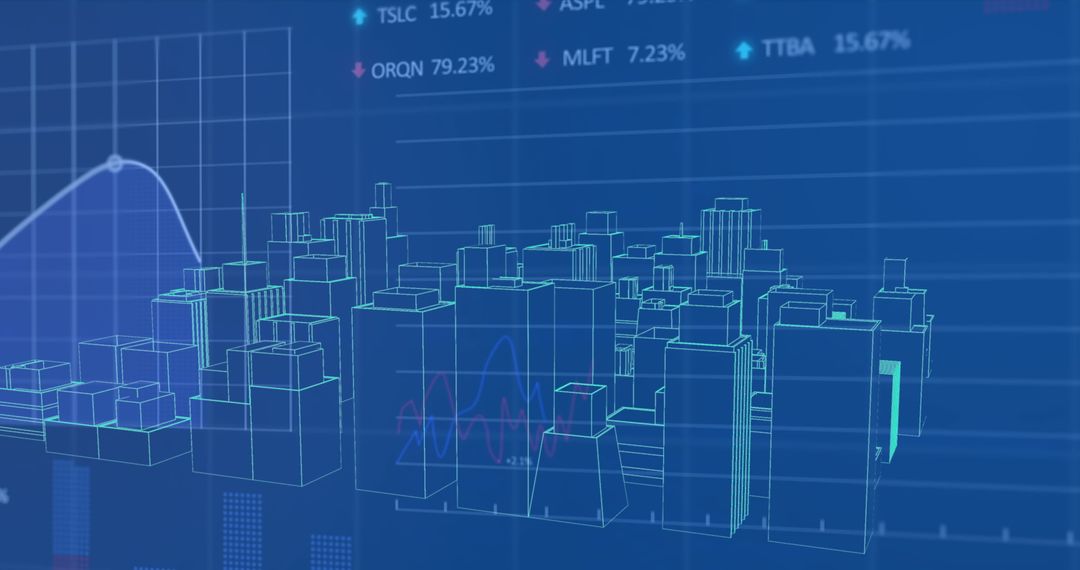 Futuristic 3D Cityscape with Intersecting Financial Data