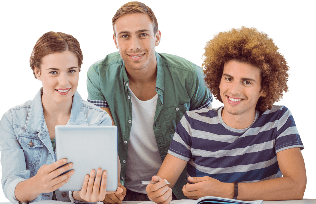 Transparent Group of Young Happy Diverse Students Using Tablet