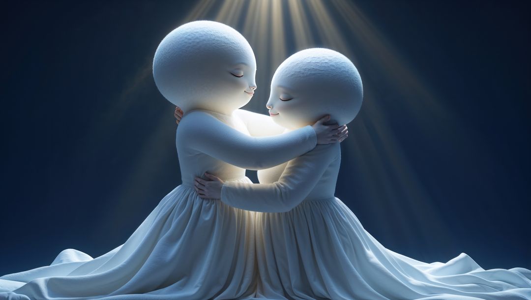 Ethereal Figures Embracing in Spotlight Beam
