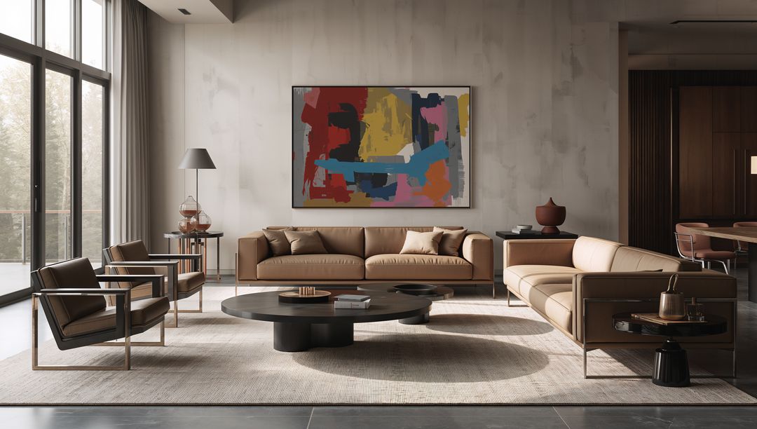 Modern Living Room with Neutral Sofas and Abstract Art
