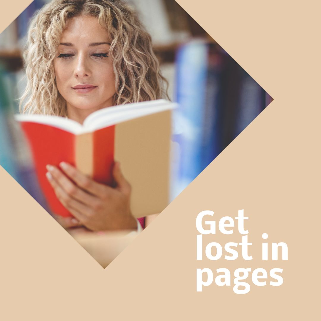 Woman Immersed in Reading Library Book