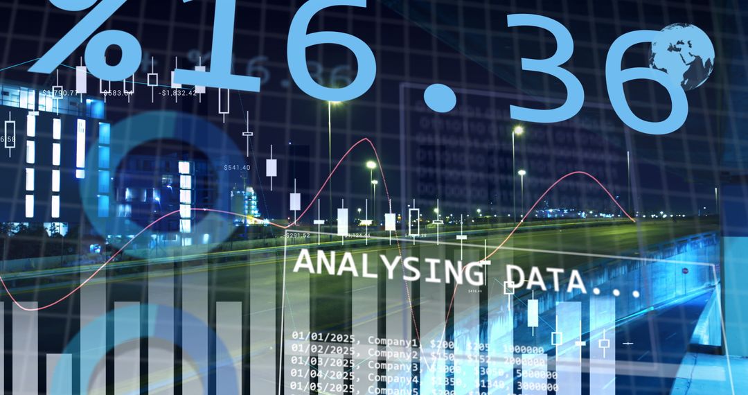Financial Data Analysis Over Cityscape at Night