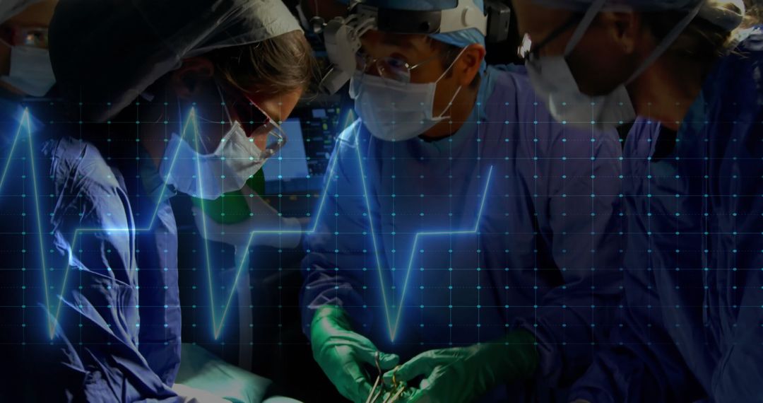 Surgical Team in Operation Room with Heartbeat Graphic Overlay