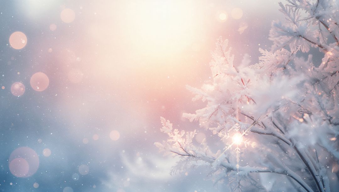 Sunlit pastel bokeh with frosted twigs and glittering ice crystals, winter background