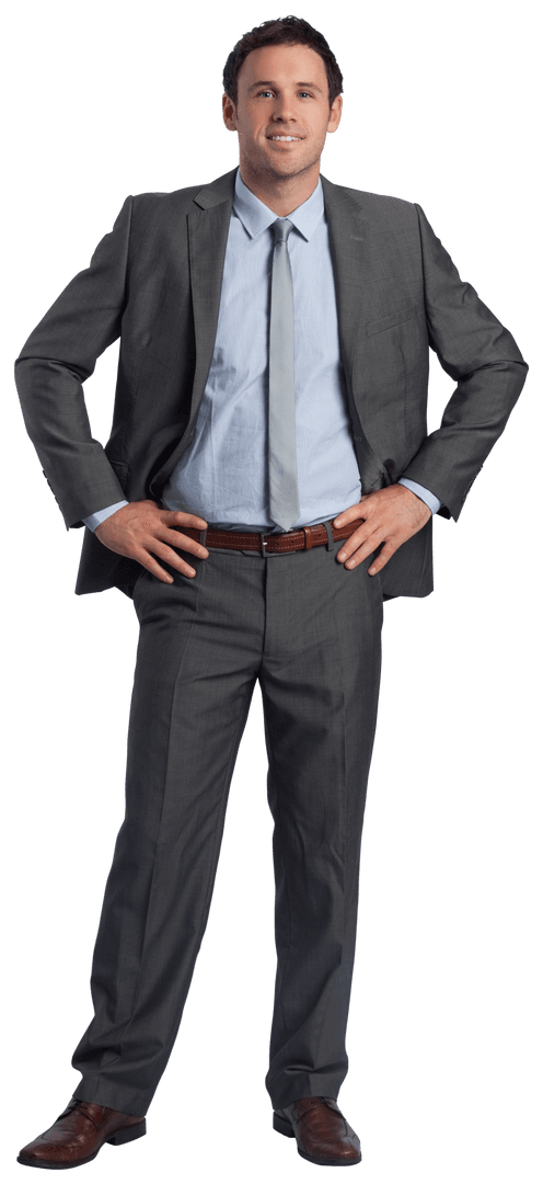 Confident Businessman in Transparent Grey Suit with Hands on Hips