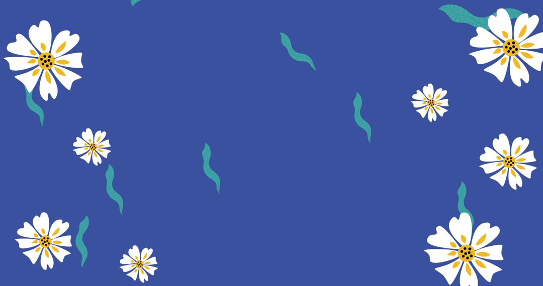 White Flowers and Leaves Pattern on Vibrant Blue Background