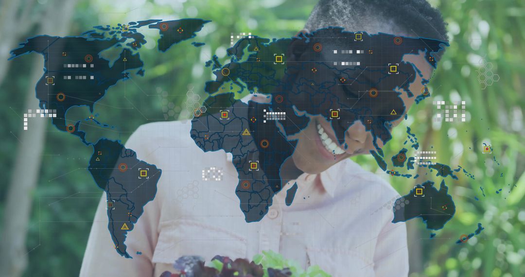 Gardener with Seedling Tray and Digital World Map Overlay