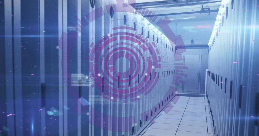 Digital Display Overlaying Modern Server Room