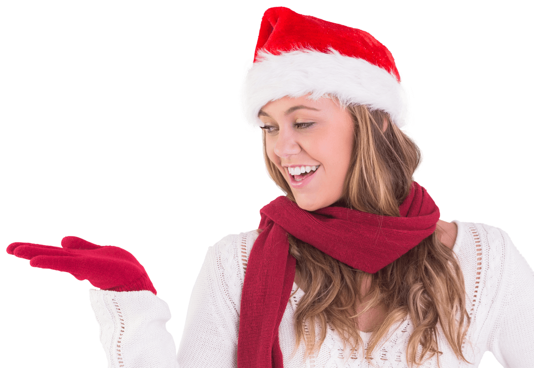 Cheerful Woman Wearing Santa Hat on a Transparent Background