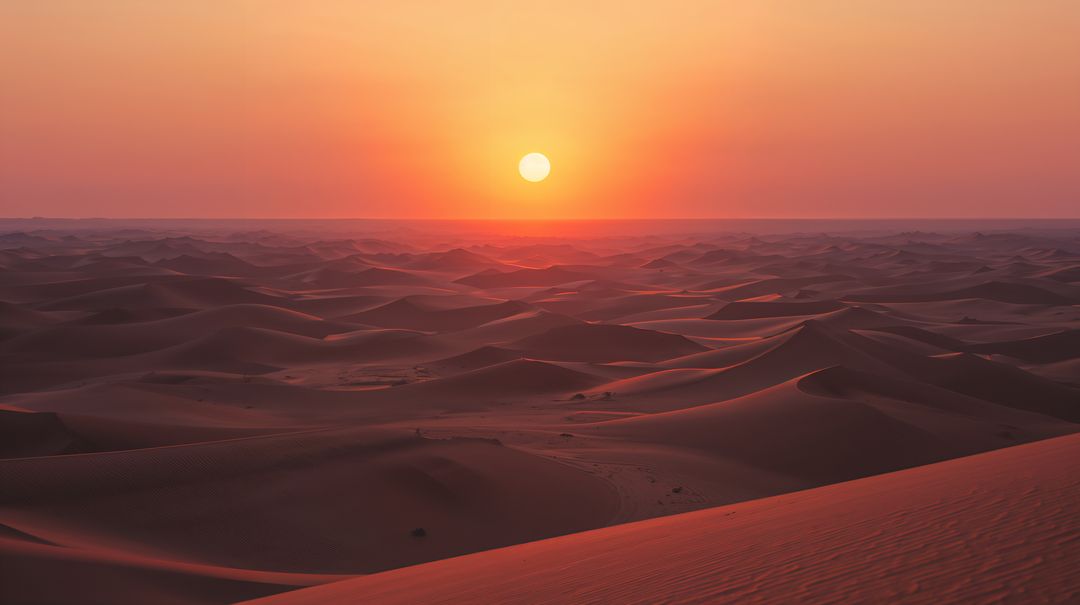 Sunset Desert Endless Dune Sea with Golden Sun and Rippling Sands Stretching to Far Horizon